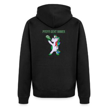 Pfeffi Party Shirt mit Einhorn - Unisex Premium Bio Zip Hoodie - Schwarz - Hinten - Nico (187cm)