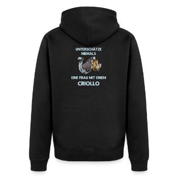 Frau Mit Criollo Pferd Reiten Ausritt - Unisex Premium Bio Zip Hoodie - Schwarz - Hinten - Nico (187cm)