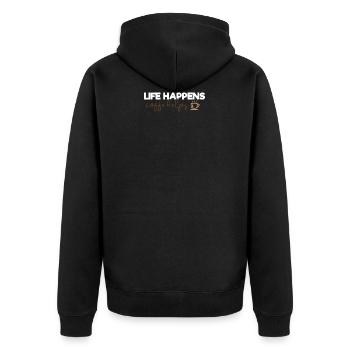 Lustiger Kaffee zitiert das Leben passiert Kaffee hilft - Unisex Premium Bio Zip Hoodie - Schwarz - Hinten - Nico (187cm)