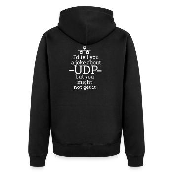 UDP witz | Netzwerk, Admin, Administrator - Unisex Premium Bio Zip Hoodie - Schwarz - Hinten - Nico (187cm)