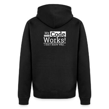 "My Code Works I don't know why" | Programmer - Unisex Premium Organic Zip Hoodie - black - Back - Nico (187cm)