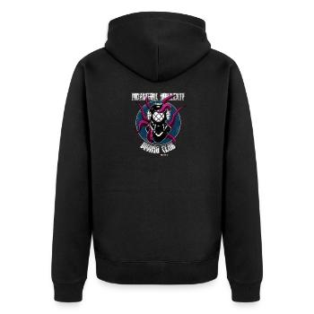 Miskatonic University Arkham Massachussetts - Unisex Premium Bio Zip Hoodie - Schwarz - Hinten - Nico (187cm)