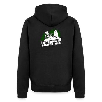 I do stupid Things Downhill Freeride MTB Geschenk - Unisex Premium Bio Zip Hoodie - Schwarz - Hinten - Nico (187cm)