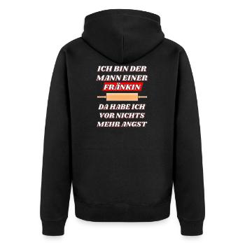 NUDELHOLZ ICH BIN DER MANN EINER FRÄNKIN - Unisex Premium Bio Zip Hoodie - Schwarz - Hinten - Nico (187cm)