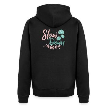 Slow Down - Unisex Premium Bio Zip Hoodie - Schwarz - Hinten - Nico (187cm)