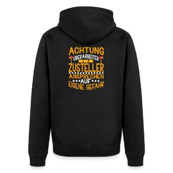 Achtung Überarbeiteter Zusteller Post Brieftäger - Unisex Premium Bio Zip Hoodie - Schwarz - Hinten - Nico (187cm)