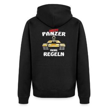 PANZER MEIN PANZER MEINE REGELN - Unisex Premium Bio Zip Hoodie - Schwarz - Hinten - Nico (187cm)