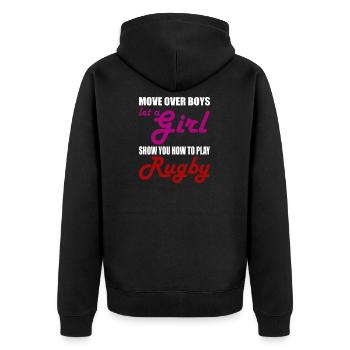 RUGBY WOMAN GIRL SISTER - Unisex Premium Organic Zip Hoodie - black - Back - Nico (187cm)