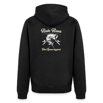 Rute Raus Der Spass Beginnt Angler - Unisex Premium Bio Zip Hoodie - Schwarz - Hinten - Nico (187cm)