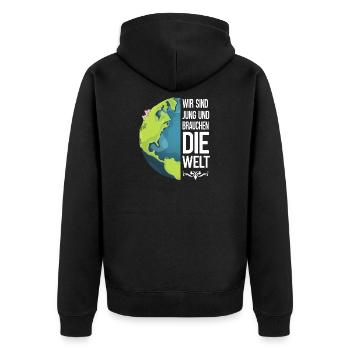 Klima Shirt. Wir sind jung und brauchen die Welt - Unisex Premium Bio Zip Hoodie - Schwarz - Hinten - Nico (187cm)