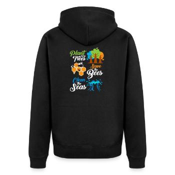 Plant more trees - save the bees - clean the seas - Unisex Premium Bio Zip Hoodie - Schwarz - Hinten - Nico (187cm)