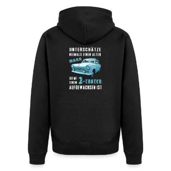 DDR  Auto Spruch - Zweitakt Trabi Geschenk - Unisex Premium Bio Zip Hoodie - Schwarz - Hinten - Nico (187cm)
