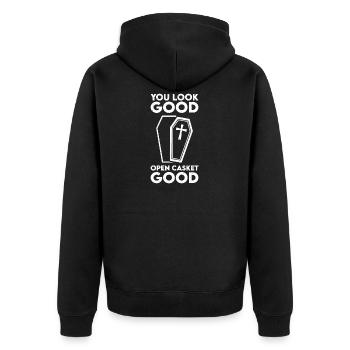 Cercueil ouvert bon embaumeur directeur funéraire - Veste à capuche bio Premium Unisexe - noir - Dos - Nico (187cm)