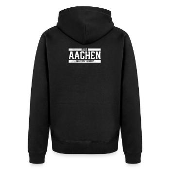 AUS AACHEN UND STOLZ DRAUF STOLZER AACHENER - Unisex Premium Bio Zip Hoodie - Schwarz - Hinten - Nico (187cm)
