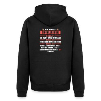 Spielleiter Fantasy Rollenspiel Tshirt Game Master - Unisex Premium Bio Zip Hoodie - Schwarz - Hinten - Nico (187cm)