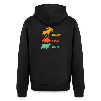 Lustiges Jagdhemd - Angelhemd - Elchjäger - Unisex Premium Bio Zip Hoodie - Schwarz - Hinten - Nico (187cm)