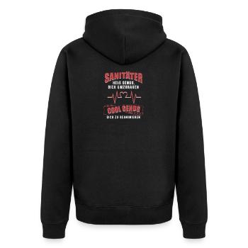 Sani 112 Trauma Notfallsanitäter Rettungsdienst - Unisex Premium Bio Zip Hoodie - Schwarz - Hinten - Nico (187cm)