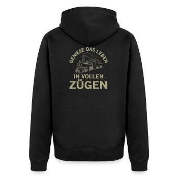 Genieße Das Leben in vollen Zügen Eisenbahn Spruch - Unisex Premium Bio Zip Hoodie - Schwarz - Hinten - Nico (187cm)