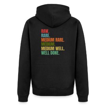 BBQ - Raw - Rare - Medium - Well Done - Retro - Unisex Premium Bio Zip Hoodie - Schwarz - Hinten - Nico (187cm)