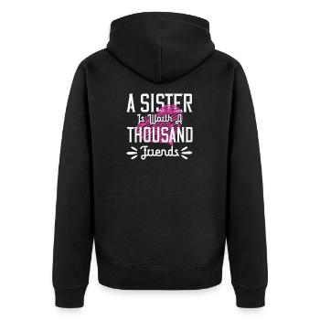 Eine Schwester ist tausend Freunde wert - Unisex Premium Bio Zip Hoodie - Schwarz - Hinten - Nico (187cm)
