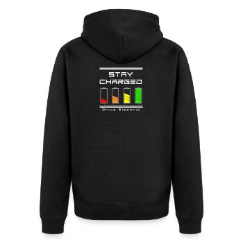 STAY CHARGED - E-Auto Elektroauto Emobilität - Unisex Premium Bio Zip Hoodie - Schwarz - Hinten - Nico (187cm)