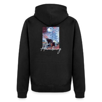 Hamburg tolles Design Rickmer Rickmers - Unisex Premium Bio Zip Hoodie - Schwarz - Hinten - Nico (187cm)