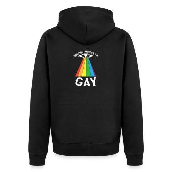 Nobody knows Im gay - Schwul Lesbisch - Unisex Premium Bio Zip Hoodie - Schwarz - Hinten - Nico (187cm)