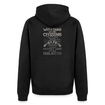 Ohne Waffen - Unisex Premium Bio Zip Hoodie - Schwarz - Hinten - Nico (187cm)
