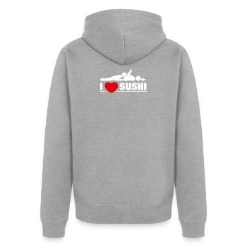 Ich liebe Sushi Sexy Versaut - Unisex Premium Bio Zip Hoodie - Grau meliert - Hinten - Nico (187cm)