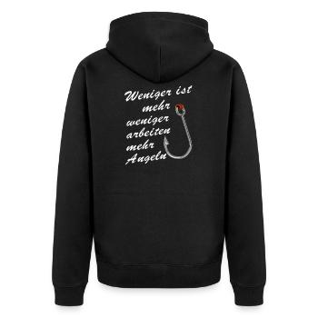 WENIGER IST MEHR WENIGER ARBEITEN MEHR ANGELN - Unisex Premium Bio Zip Hoodie - Schwarz - Hinten - Nico (187cm)