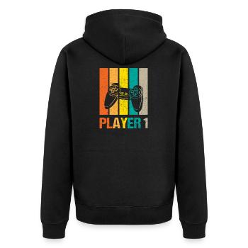 Player 1 Player 2 Gamer Vater Sohn Partnerlook - Unisex Premium Bio Zip Hoodie - Schwarz - Hinten - Nico (187cm)
