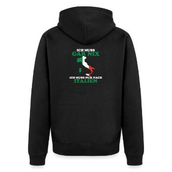 Urlaubsreif Ich muss nach Italien - Unisex Premium Bio Zip Hoodie - Schwarz - Hinten - Nico (187cm)