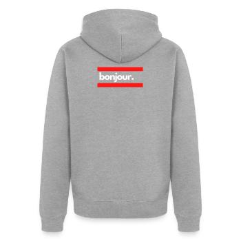 Hello - Unisex Premium Organic Zip Hoodie - heather grey - Back - Nico (187cm)