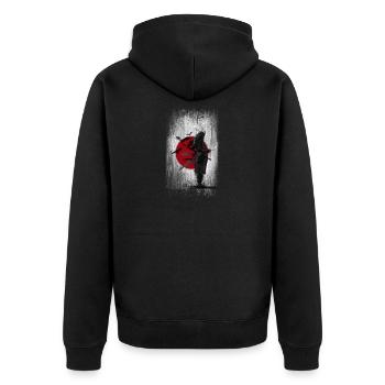 Samurai vor Japan Flagge Raben und Vögel, Schwert - Unisex Premium Bio Zip Hoodie - Schwarz - Hinten - Nico (187cm)