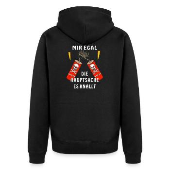 BÖLLER MIR EGAL DIE HAUPTSACHE ES KNALLT - Unisex Premium Bio Zip Hoodie - Schwarz - Hinten - Nico (187cm)