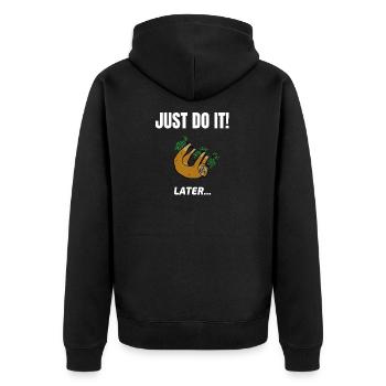 Just do it Later Faultier lustig - Unisex Premium Bio Zip Hoodie - Schwarz - Hinten - Nico (187cm)