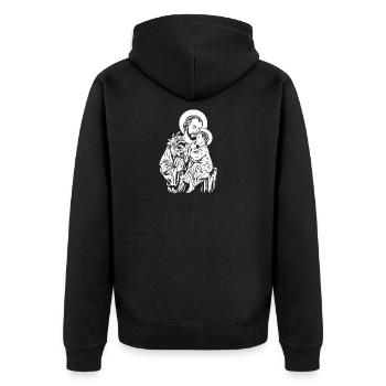 Der heilige Josef hält Jesus im Arm - Unisex Premium Bio Zip Hoodie - Schwarz - Hinten - Nico (187cm)