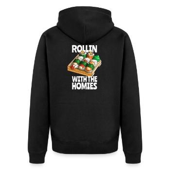 Sushi Rollin mit den Homies lustiges Kawaii Sushi An - Unisex Premium Bio Zip Hoodie - Schwarz - Hinten - Nico (187cm)