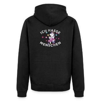 Einhorn Ich Hasse Menschen - Unisex Premium Bio Zip Hoodie - Schwarz - Hinten - Nico (187cm)
