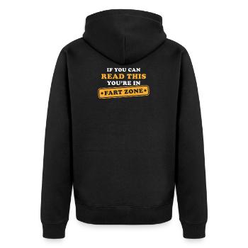 Abstand halten Furz Zone Spruch - Unisex Premium Bio Zip Hoodie - Schwarz - Hinten - Nico (187cm)