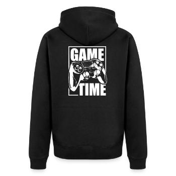 Trendy Gamer Shirt "Game Time" gambler - Unisex Premium Organic Zip Hoodie - black - Back - Nico (187cm)