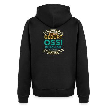 DDR Ostdeutschland Ossi Spruch Geschenk - Unisex Premium Bio Zip Hoodie - Schwarz - Hinten - Nico (187cm)