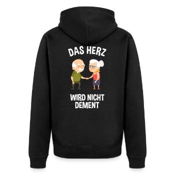 Das Herz wird nicht dement Pflege mit Herz - Unisex Premium Bio Zip Hoodie - Schwarz - Hinten - Nico (187cm)