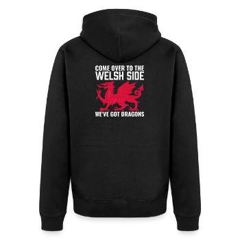 Venez du côté gallois - Nous avons des dragons - Veste à capuche bio Premium Unisexe - noir - Dos - Nico (187cm)