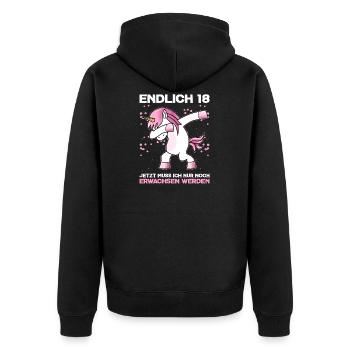 Endlich 18 Jetzt Muss Ich Nur Noch Erwachsen - Unisex Premium Bio Zip Hoodie - Schwarz - Hinten - Nico (187cm)