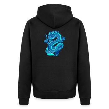Elektrischer, blauer orientalischer Drache - Unisex Premium Bio Zip Hoodie - Schwarz - Hinten - Nico (187cm)