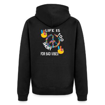 Hippie Festival geschenk Peacezeichen Spruch - Unisex Premium Bio Zip Hoodie - Schwarz - Hinten - Nico (187cm)