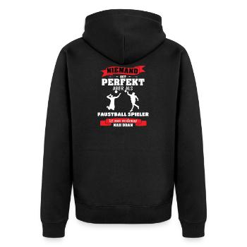 Faustball Niemand ist perfekt - Unisex Premium Bio Zip Hoodie - Schwarz - Hinten - Nico (187cm)