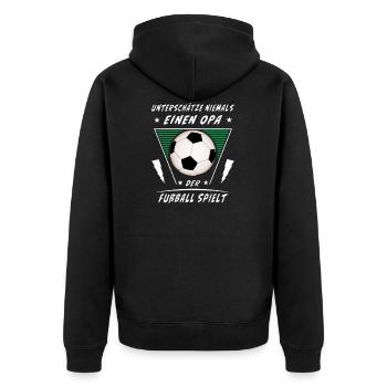 UNTERSCHÄTZE NIEMALS EINEN OPA FUßBALL SPIELT - Unisex Premium Bio Zip Hoodie - Schwarz - Hinten - Nico (187cm)