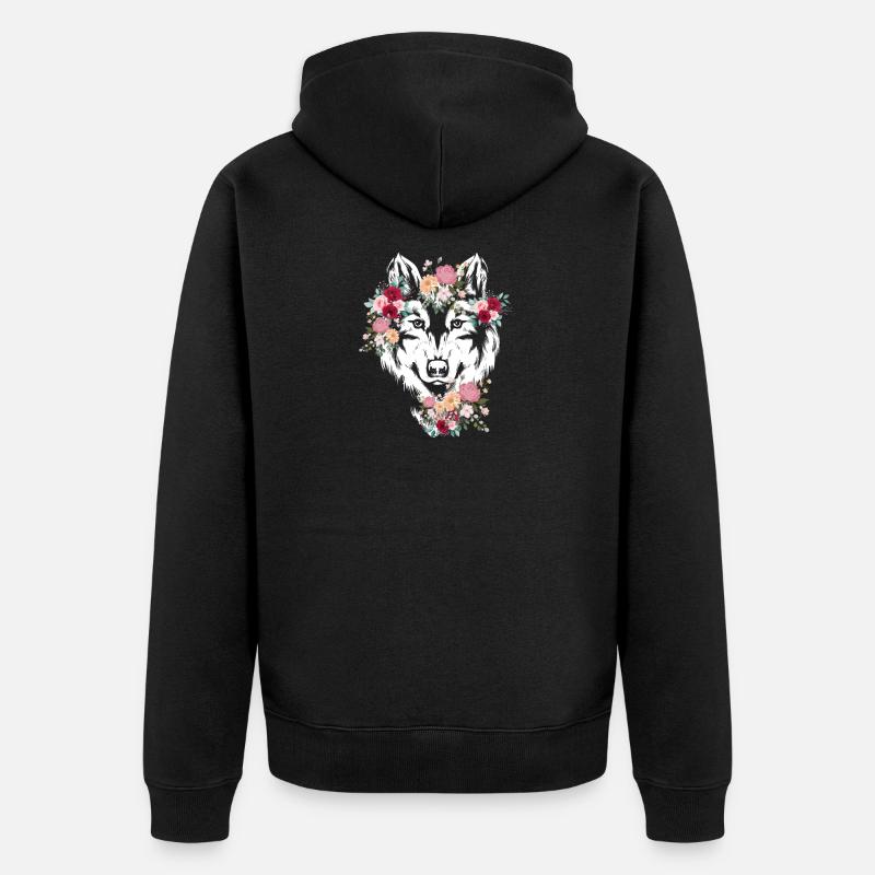 Wolf Wolfskopf Fleurs Déco - Veste à capuche bio Premium Unisexe - noir